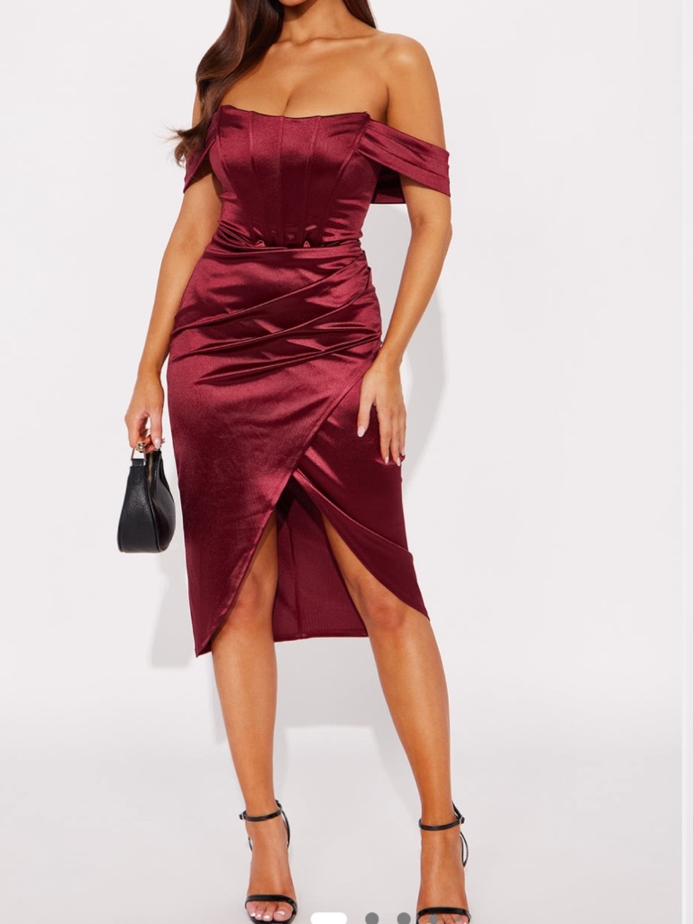 Satin Off-Shoulder Corset Midi Dress - Wine